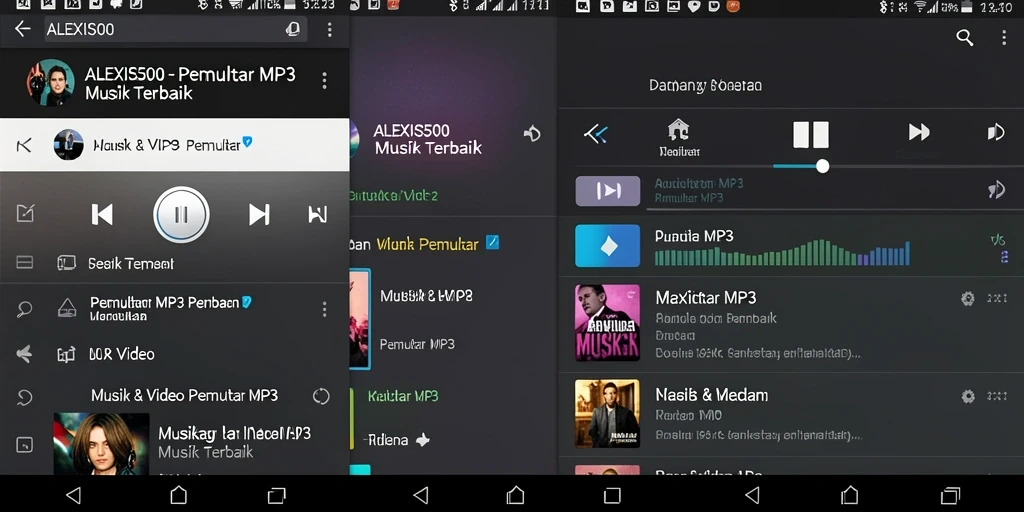 Screenshot utama ALEXIS500 menunjukkan antarmuka Pemutar MP3 yang menarik dan fungsional.